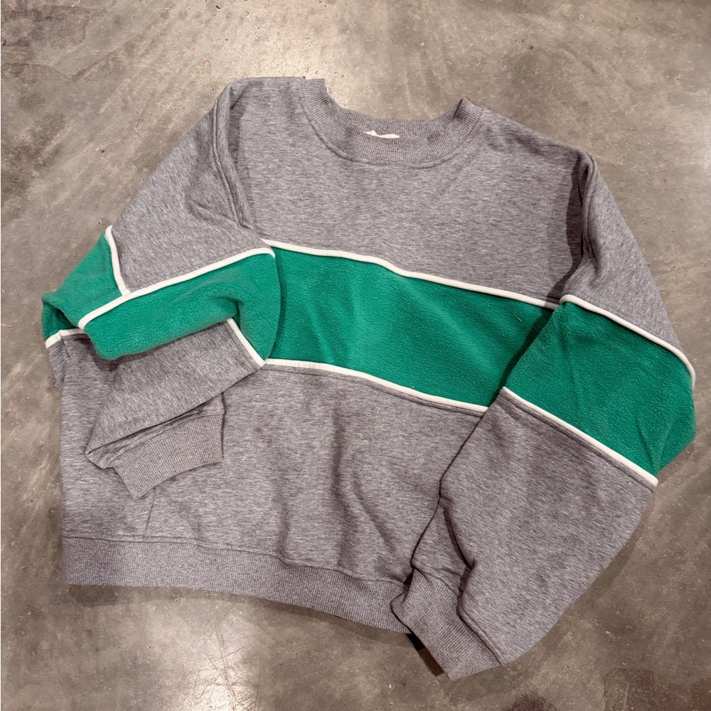 Women's Gray Sweatshirt with Green Stripe - Casual Crewneck Pullover